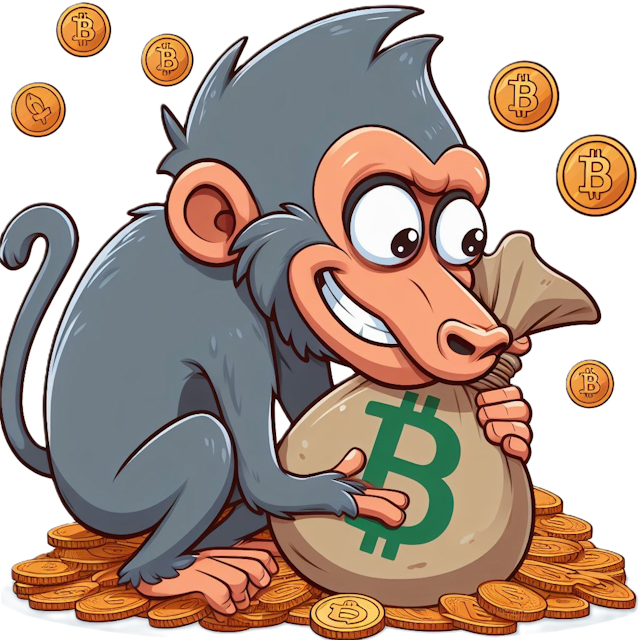 Cartoon monkey smiling, holding a large bag overflowing with coins, surrounded by raining coins.