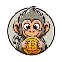A cheerful cartoon monkey holding a coin in both hands, with a positively delightful expression in its eyes.