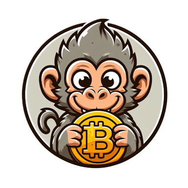 A cheerful cartoon monkey holding a coin in both hands, with a positively delightful expression in its eyes.