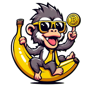 A confident cartoon monkey sits atop a banana wearing yellow sunglasses, holding a coin on its left pointing finger.