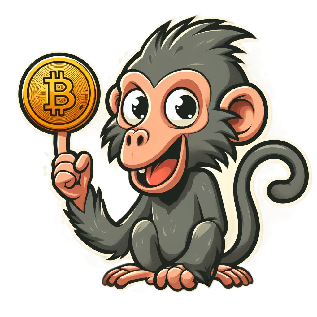 A laughing cartoon monkey is holding a coin on its right index finger.