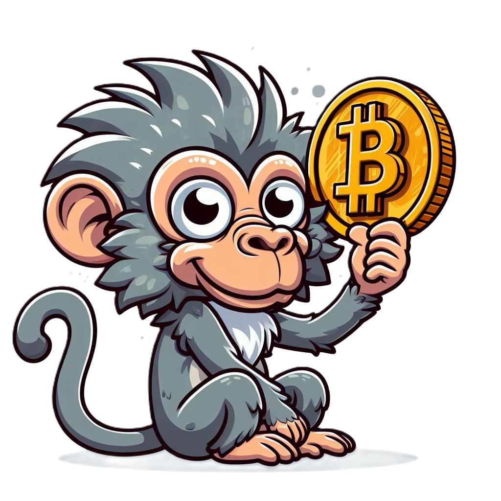 A calm-looking cartoon monkey is holding a coin in its left hand.