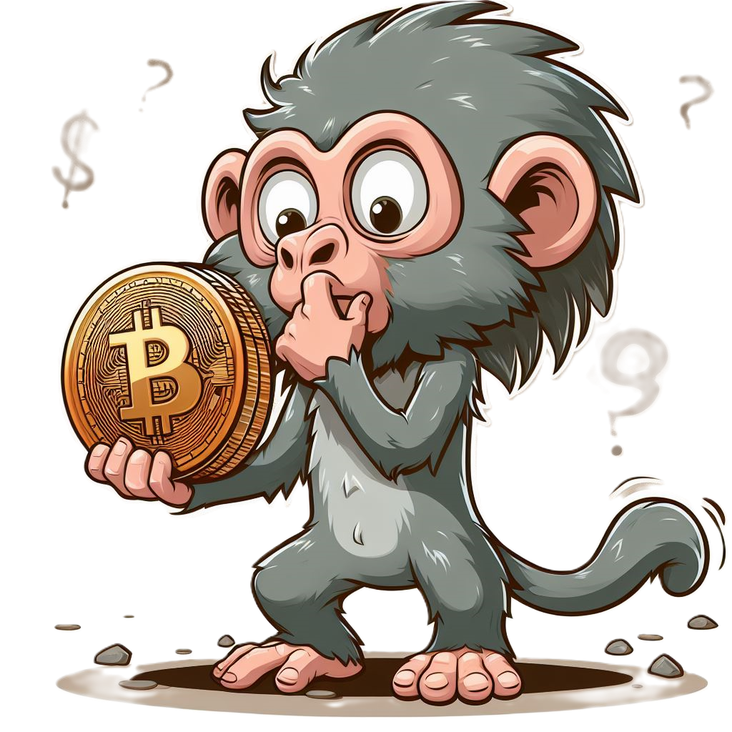 A thinking cartoon monkey is holding a coin in its right hand.