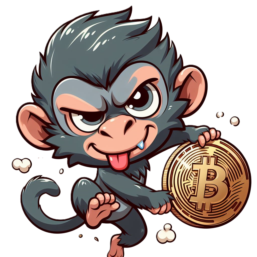 A wild-looking cartoon monkey is holding a coin in its left hand.
