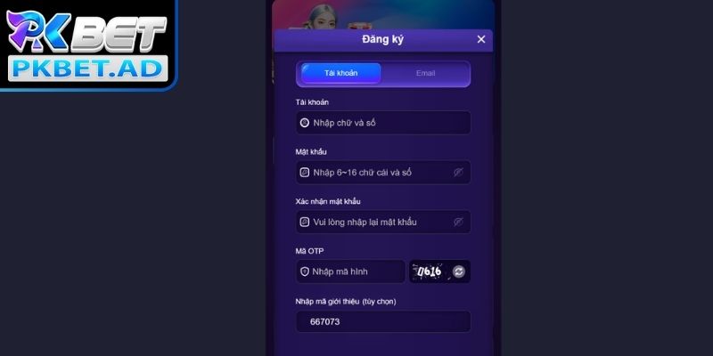 Điền dữ liệu đăng ký Pkbet